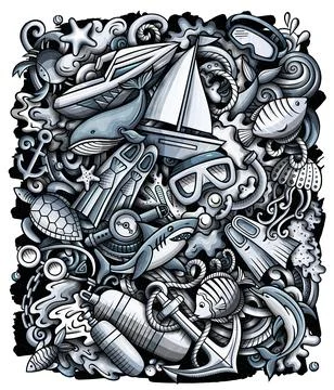 Diving cartoon vector doodles illustration. Ilustración de archivo