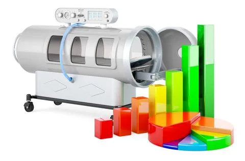 Diving chamber with growth bar graph and pie chart, 3D rendering Diving ch... Stock-Fotos