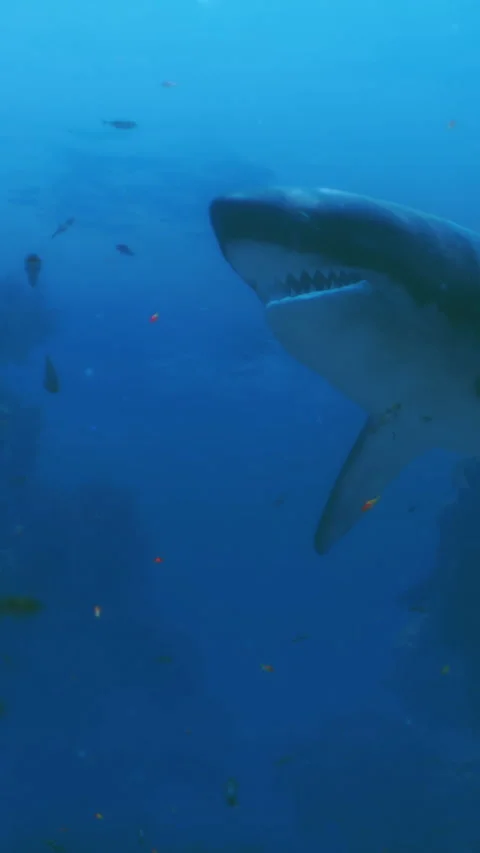 Diving in clear water with a shark and colorful fish swimming nearby Stock Footage 342153318