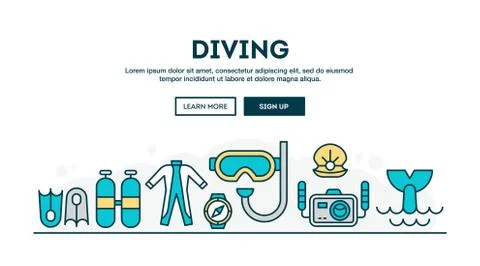 Diving, colorful concept header, flat design thin line style Stock Illustration