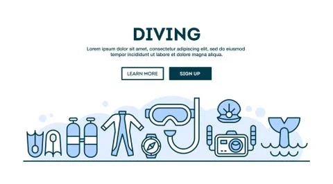 Diving, concept header, flat design thin line style Stock Illustration