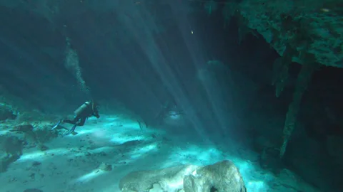 Diving in crystal clear cenote natural pit sinkhole with sun rays Yucatan Mexico Stock Footage 253225822