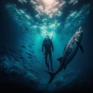 Diving in the deep sea Stock Illustration