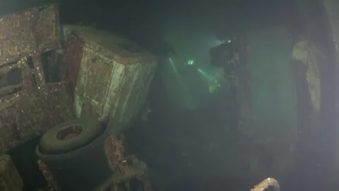 Diving deep into Zenobia wreck, Larnaca Cyprus in murky water Video stock 312007314
