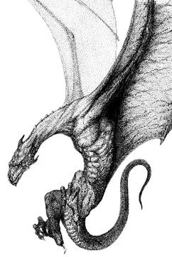 A diving dragon with spread wings grabs something on the ground Stock Illustration