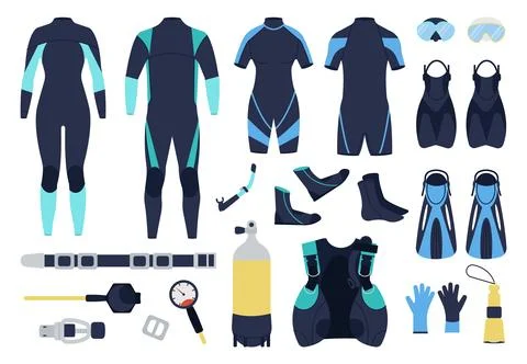Diving elements. Scuba divers costumes, underwater swimming tools and equipment Stock Illustration