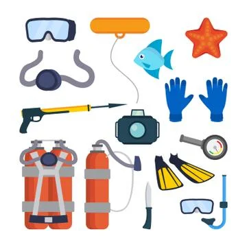 Diving Equipment Set . Scuba Diver Accessories. Mask, Tube, Buoy, Starfish, Fish Stock Illustration