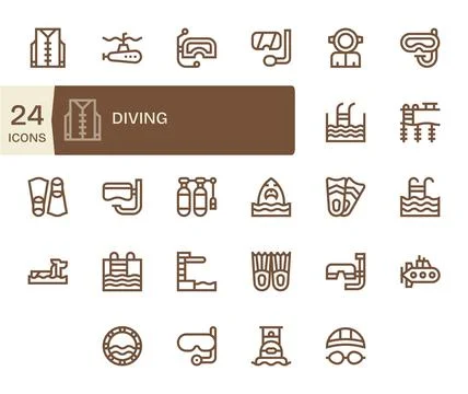 Diving Essential Vector Set including 24 Pixel Aligned Bold Line Retina Rea.. Stock Illustration