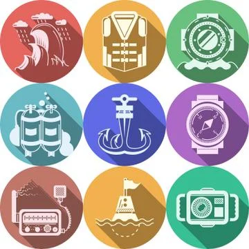 Diving flat color icons vector collection Stock Illustration