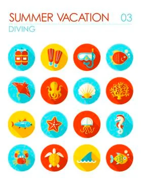 Diving flat icon set. Summer. Vacation Stock Illustration