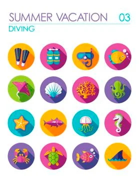 Diving flat icon set. Summer. Vacation Stock Illustration