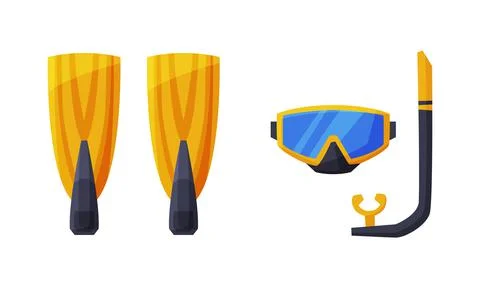 Diving flippers and scuba diving mask. Summer vacation objects cartoon vector Illustrazione stock
