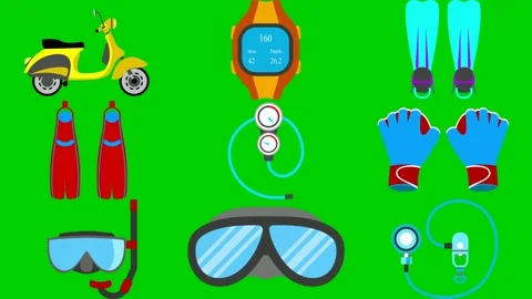 Diving gear on green screen featuring scooter stopwatch flipper fin mask glove Video stock 334704104
