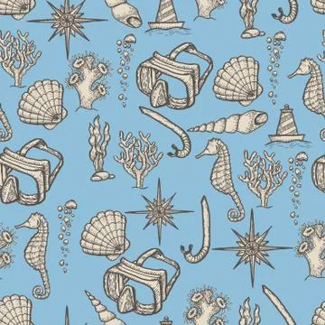 Diving hand drawing seamless pattern. Stock Illustration