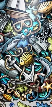 Diving hand drawn doodle banner. Cartoon vector detailed flyer. Stock Illustration