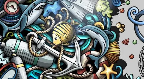 Diving hand drawn doodle banner. Cartoon vector detailed flyer. Stock Illustration