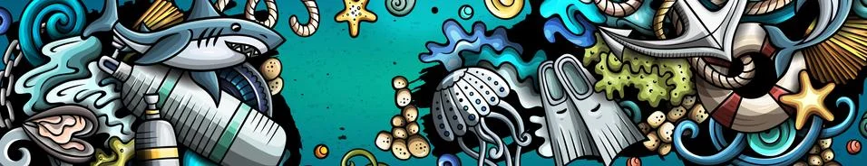 Diving hand drawn doodle banner. Cartoon vector detailed flyer. Stock Illustration