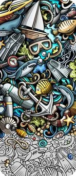 Diving hand drawn doodle banner. Cartoon vector detailed flyer. Stock Illustration