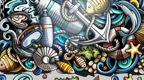 Diving hand drawn doodle banner. Cartoon vector detailed flyer. Stock Illustration