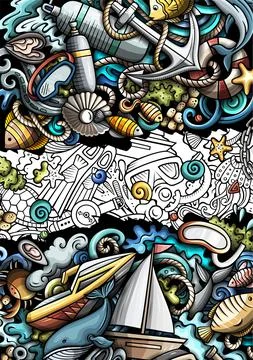 Diving hand drawn doodle banner. Cartoon vector detailed poster Stock Illustration