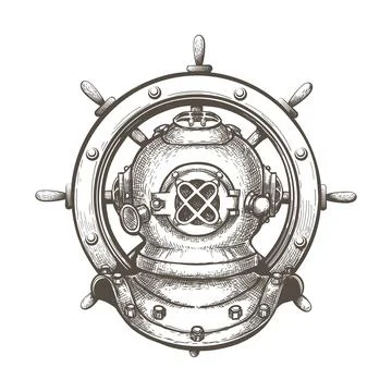 Diving Helmet with Ship Steering Wheel Engraving Tattoo Stock Illustration
