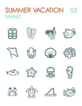 Diving icon set. Summer. Vacation Stock Illustration