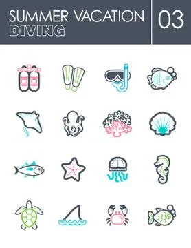 Diving icon set. Summer. Vacation Stock Illustration