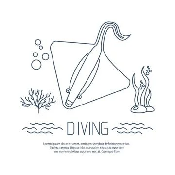 Diving icon with Stingray and bubbles Stock Illustration