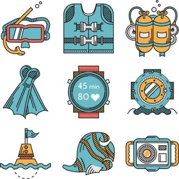 Diving icons flat design vector collection Stock Illustration