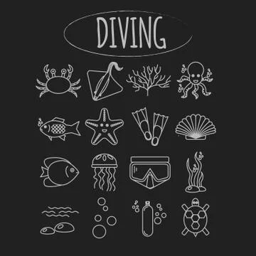 Diving icons set with fish and equipment Stock Illustration