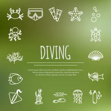 Diving icons set with fish and equipment Stock Illustration