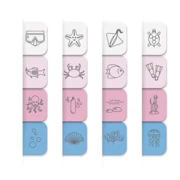 Diving icons set with fish and equipment Stock Illustration
