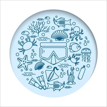 Diving icons set with fish and equipment Stock Illustration