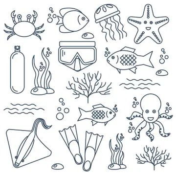 Diving icons set with fish and equipment Stock Illustration