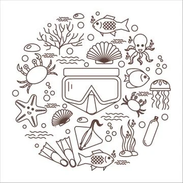Diving icons set with fish and equipment Stock Illustration