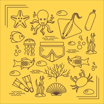 Diving icons set with fish and equipment Stock Illustration