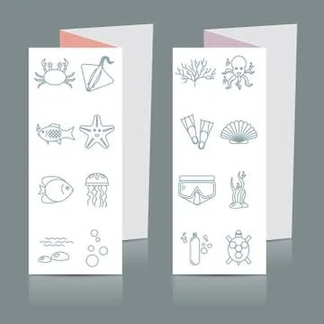 Diving icons set with fish and equipment on brochure Stock Illustration