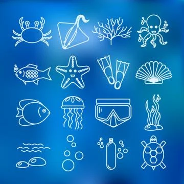 Diving icons set with fish and equipment Stock Illustration