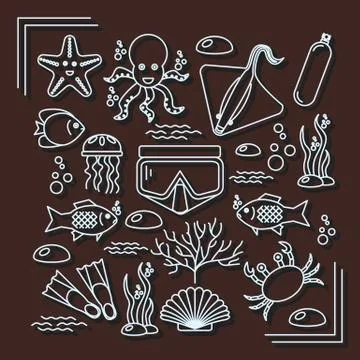 Diving icons set with fish and equipment Stock Illustration