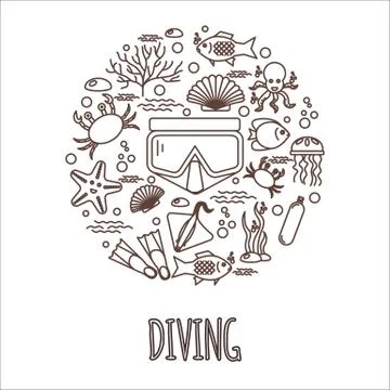 Diving icons set with fish and equipment Stock Illustration
