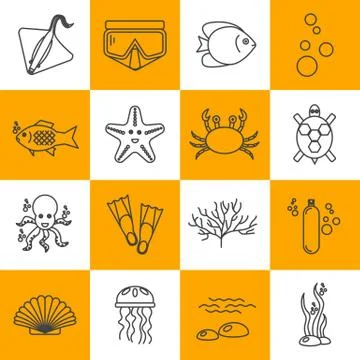 Diving icons set with fish and equipment Stock Illustration