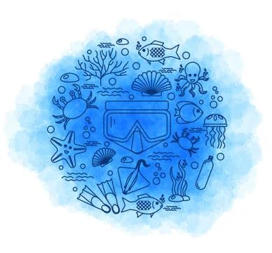 Diving icons set with fish and equipment Stock Illustration