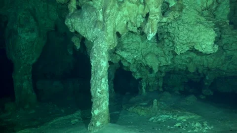 Diving inside cave system Cenote Carwash in Yucatan Mexico with rock Stock Footage 166512963