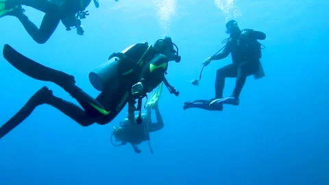 Diving instructor and group students in underwater exercise. Stock Footage 269139809