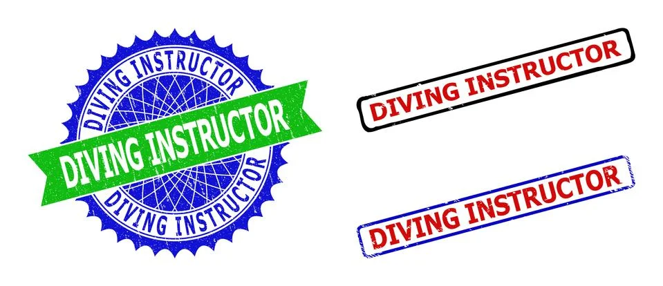DIVING INSTRUCTOR Rosette and Rectangle Bicolor Seals with Unclean Styles Stock Illustration