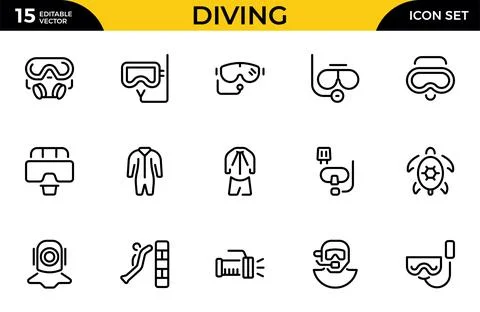 Diving line icon set. Related to dive, pool, swimwear, swimmer and more. Se.. Stock Illustration