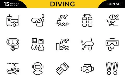 Diving line icon set. Related to dive, pool, swimwear, swimmer and more. Se.. Stock Illustration