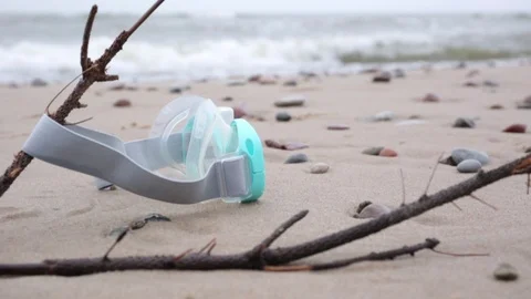 Diving mask lying down on seaweed at the beach. Video stock 103204534