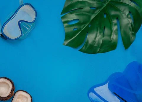 Diving mask, monstera leaf, coconut halves and flippers on blue background wi Stock Photos