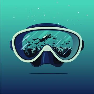 Diving mask with scuba diver on reflection. Diving on coral reef. Extreme sport 스톡 일러스트